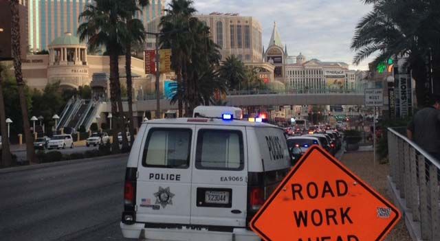 Las Vegas Metro vehicles parked along Las Vegas Boulevard following a shooting at Fashion Show Mall on Tuesday, July 15. (Elizabeth Watts/FOX5)
