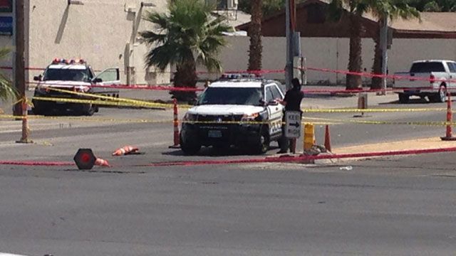 Police blocked off the intersection of Nellis Boulevard and Tropicana Avenue after an officer was shot on Sept. 6, 2015. (Erik Ho/LVMPD)